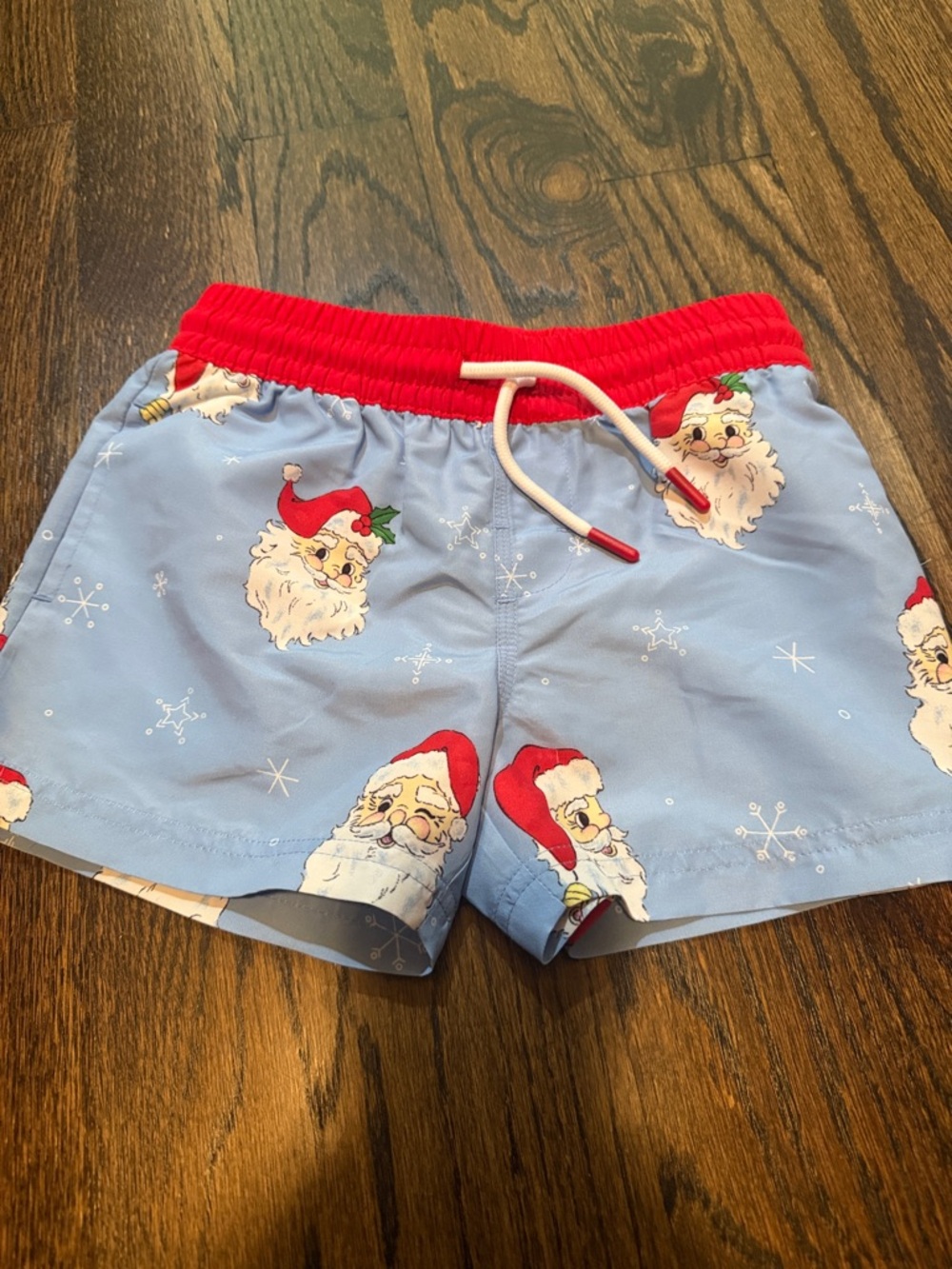 Kids' Santa Print Swim Shorts in Light Blue and Red